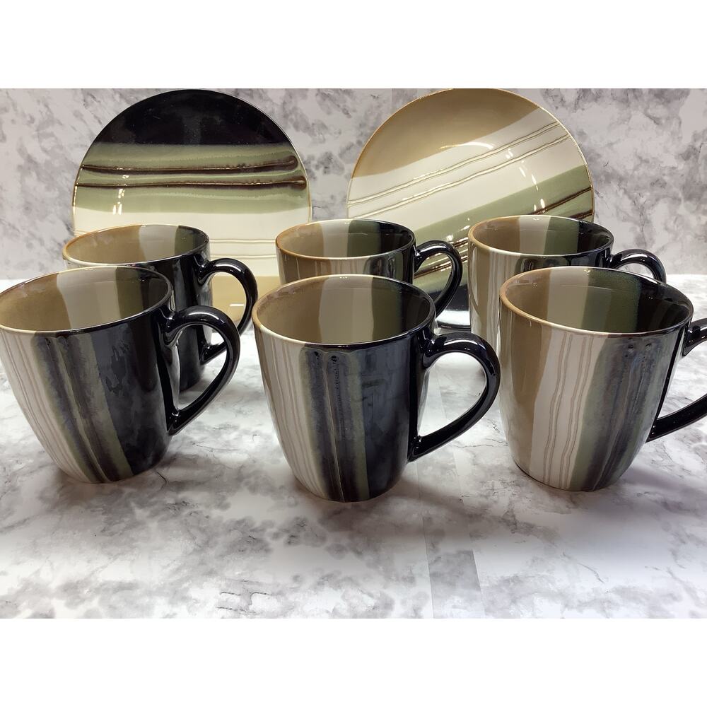 Vintage Home Trends "Jazz" Set of Six Stoneware Mugs & Dessert Plates - 12 ounce
